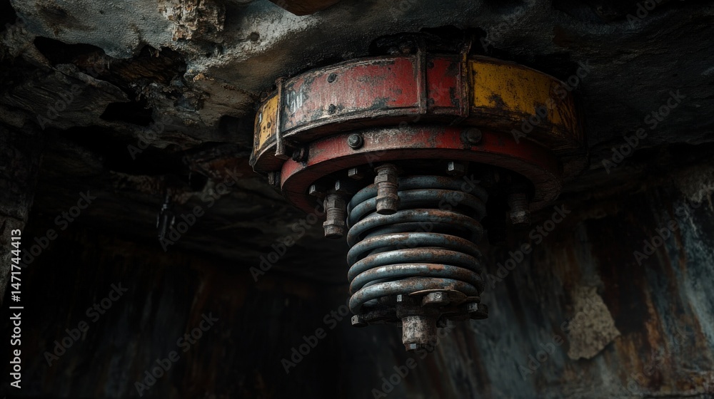Poster close-up of a weathered industrial machine component. a rusty, multi-colored mechanical assembly wit