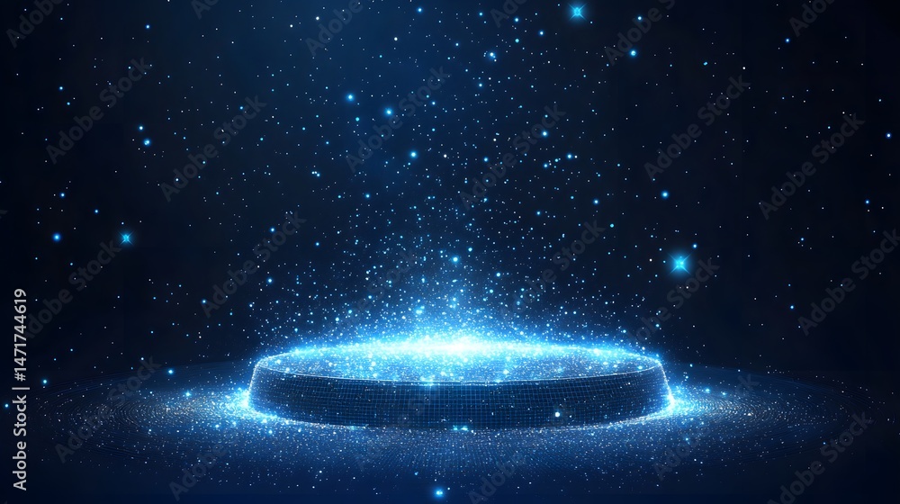 Poster a mesmerizing scene unfolds with a radiant blue platform amidst a star-studded expanse. sparkling pa