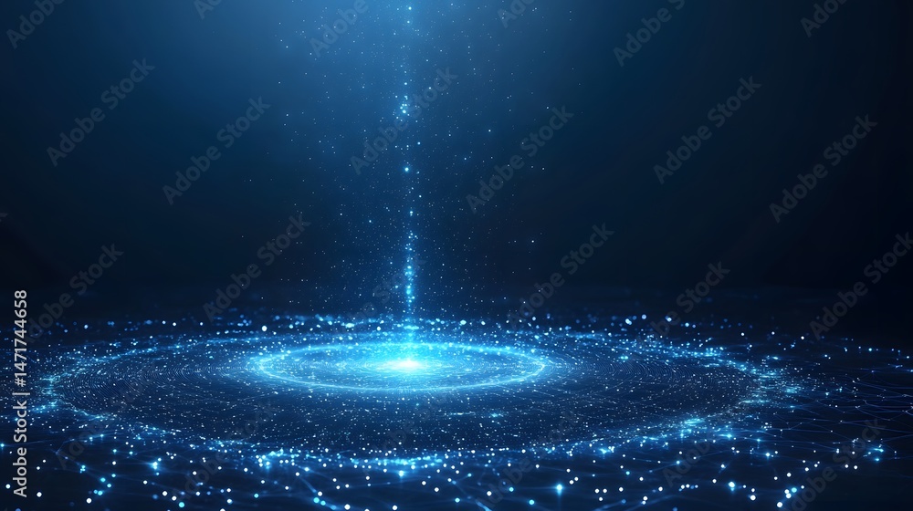 Aufkleber Abstract digital scene featuring a radiating light source amidst concentric circles of data points. It evokes technology and energy. Abstract dark blue wireframe