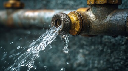 A leak in the central water pipe requires immediate repair, water flows out through the valve. Close-up .