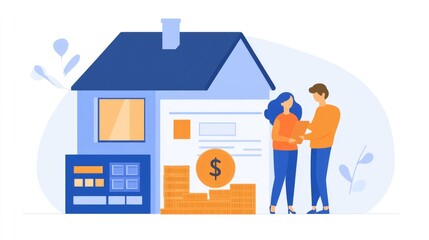 House Purchase: A Couple signs the documents for their new home, symbolized by stacks of coins representing their financial investment.