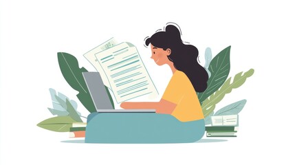 Young Woman Working on Laptop with Documents