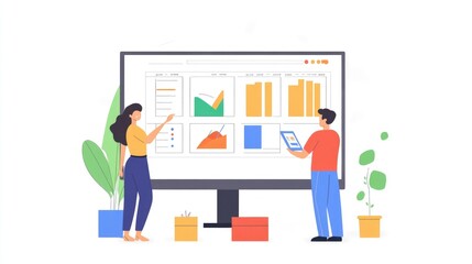 Data Analysis Team Collaboration: Visualizing Business Growth and Progress Through Charts and Graphs on a Large Monitor