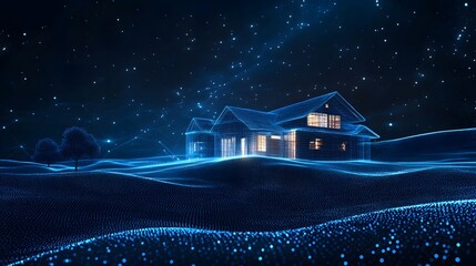 Naklejka premium Futuristic wireframe house glows warmly against a digital night sky. Blue dotted trees and terrain create a calming, tech-inspired landscape. Serene and modern, for Abstract dark blue wireframe.