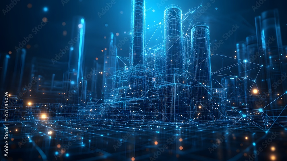 Poster Futuristic cityscape with glowing blue lines forms an abstract urban network. Orange lights add warmth to this technological vista. Ideal for Abstract dark blue wireframe. Modern and complex.