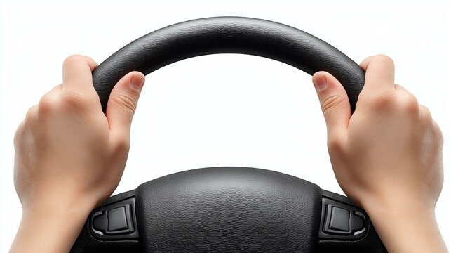 Two hands gripping a car steering wheel, symbolizing control and driving in a modern vehicle.