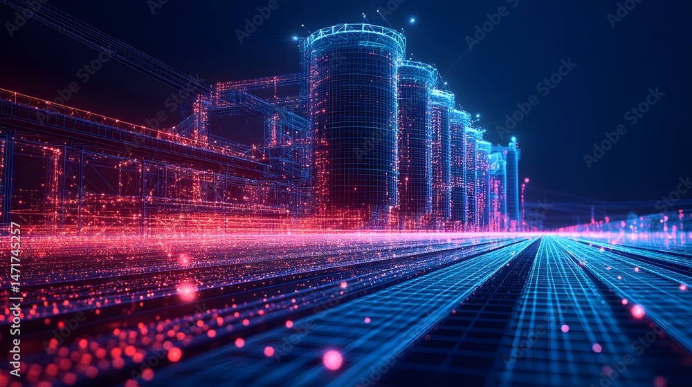 Poster futuristic cityscape in wireframe. neon red and blue grid outlines digital structures. cylindrical b