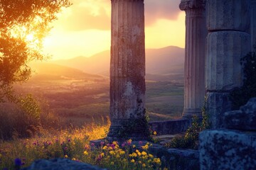 Ancient stone columns frame a golden sunset over a vibrant field of wildflowers, evoking a sense of timeless beauty.