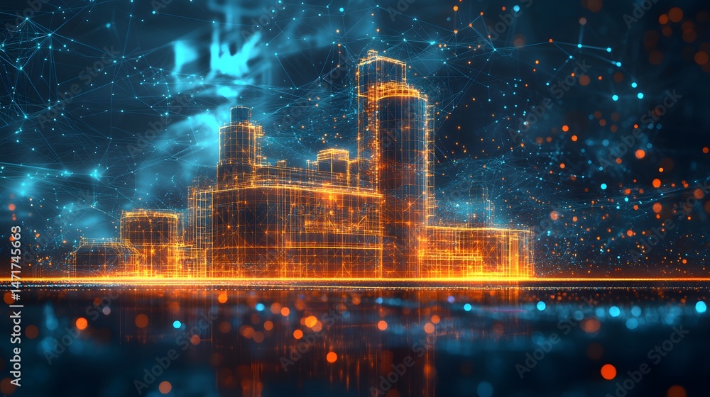 Aufkleber futuristic cityscape glows with orange wireframes, reflecting in a blue and orange bokeh abyss. digi