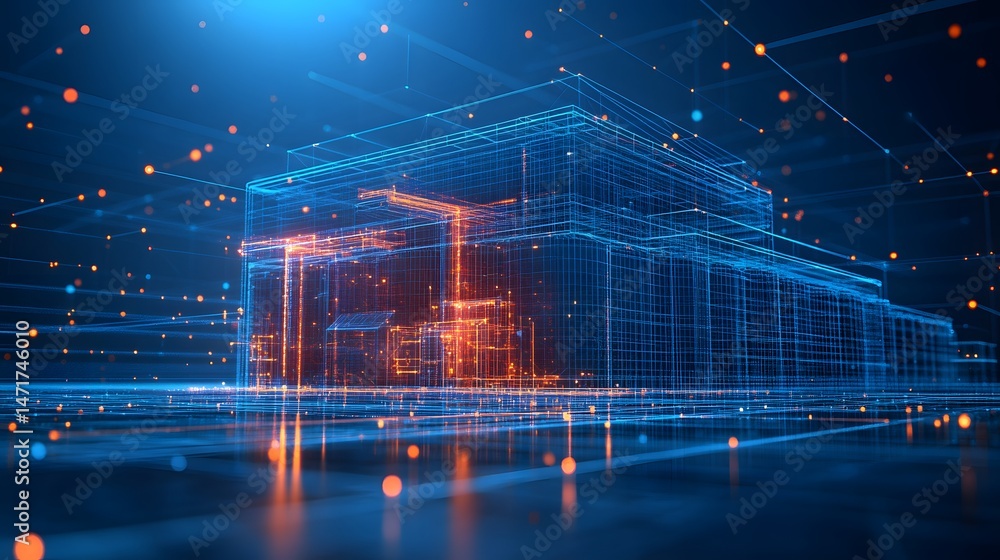 Poster futuristic digital building with glowing orbs and intense orange light. data visualization of interc