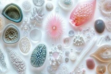 Microscopic diatoms and radiolarians, showcasing intricate details and vibrant colors.