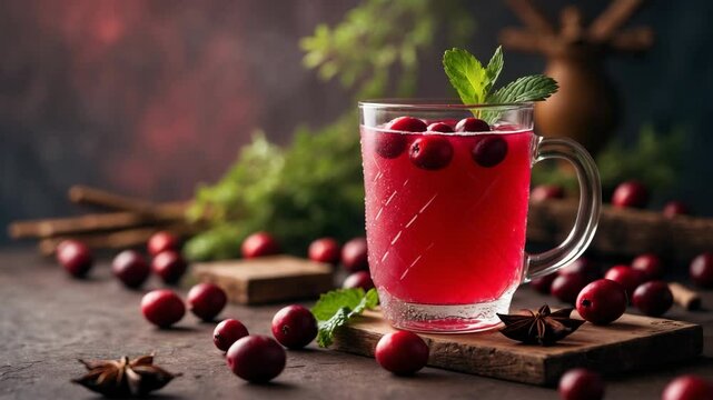 Nourishing cranberry juice drink and fresh cranberries. Herbal infusion.