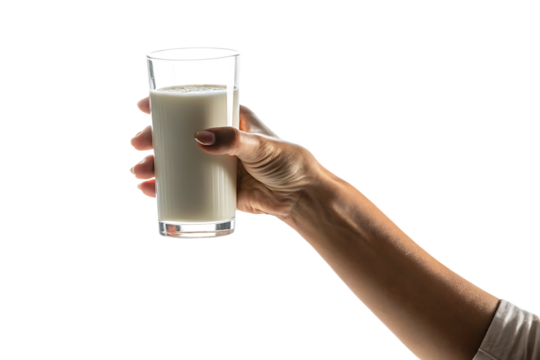 hand holding a glass of milk isolated on white background, PNG
