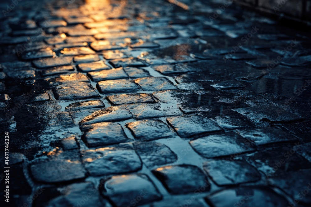 Aufkleber sunlight glistens on a wet cobblestone path, casting warm reflections and creating a captivating, te