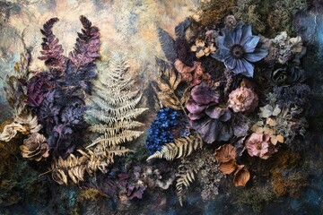 An artistic arrangement showcases withered flowers and ferns in shades of purple, gold, and blue against a textured, earthy background.
