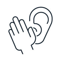 Cover your ear with your hand. Not to hear. Ignore the request. Vector linear icon isolated on white background.