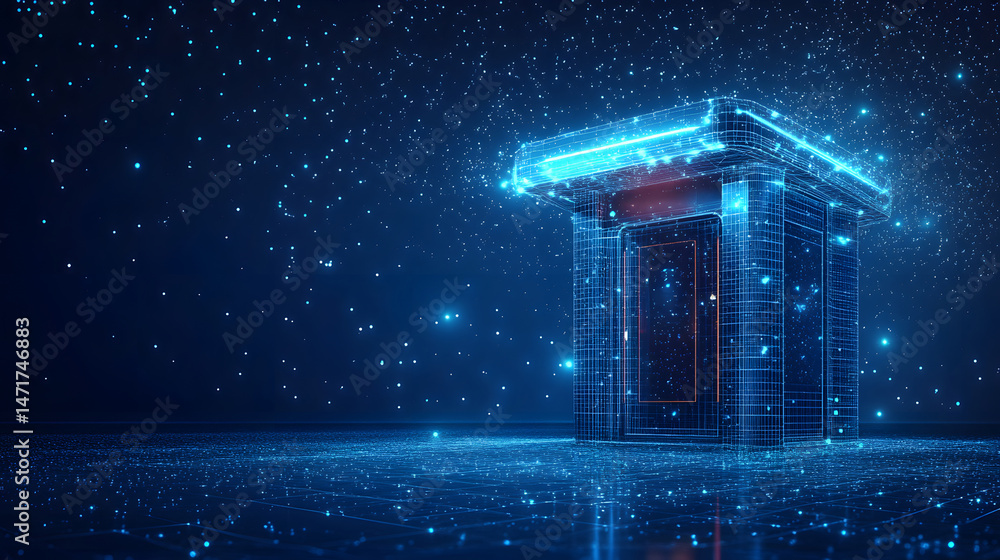 Poster Futuristic bus stop aglow with neon, set against a cosmic backdrop. A digital 'ARRIVAL' sign beckons in this high-tech scene. Ideal for sci-fi or tech concepts. Abstract dark blue wireframe