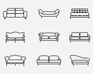 ype of sofa outline icons .various sofa furniture thin line vector icon isolated on background