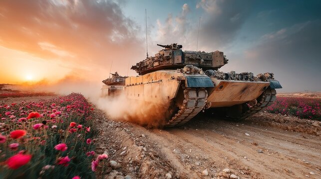 Tanks in the Sunset, modern battle tanks advance over a dusty landscape, their treads flattening vibrant wild poppies as the sun sets in a dramatic display of power and nature.