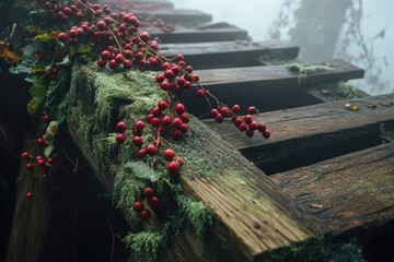 A weathered wooden structure, draped in vibrant red berries and lush green moss, shrouded in a misty atmosphere.
