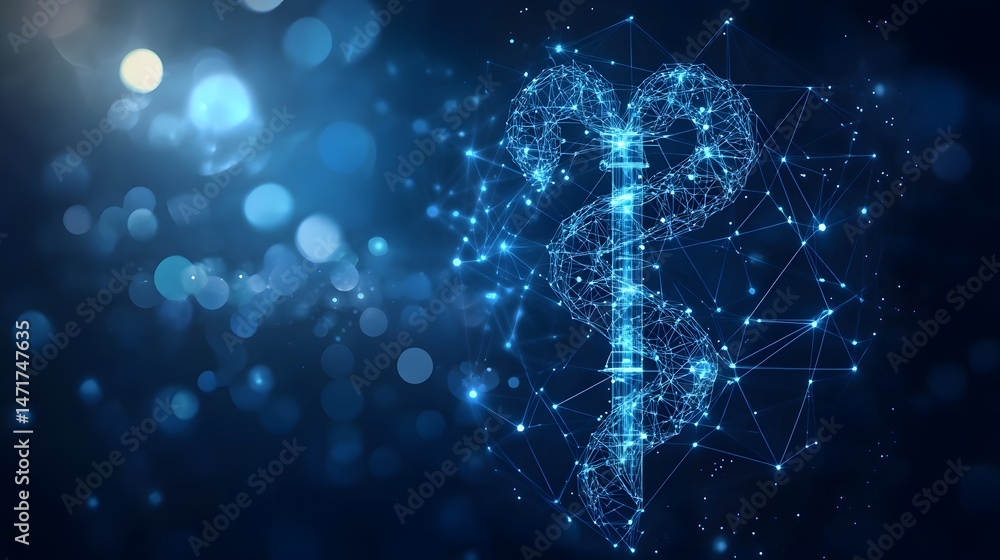 Aufkleber A modern, tech-inspired representation of the caduceus. Glowing blue lines and points form a three-dimensional structure against a dark blue bokeh background. Abstract dark blue wireframe