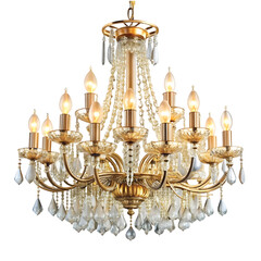 Fancy Chandelier: A luxury crystal chandelier with glowing bulbs, elegant hotel style, isolated PNG