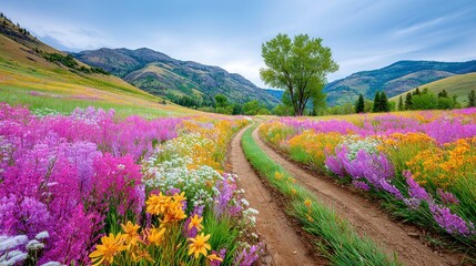 Tank trails weave through a vibrant wildflower expanse, showcasing a stark contrast between the harshness of conflict and the serenity of nature's beauty.