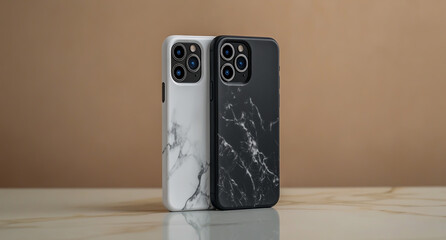 Elegant duo of marble textured smartphone cases with modern aesthetic appeal and stylish design