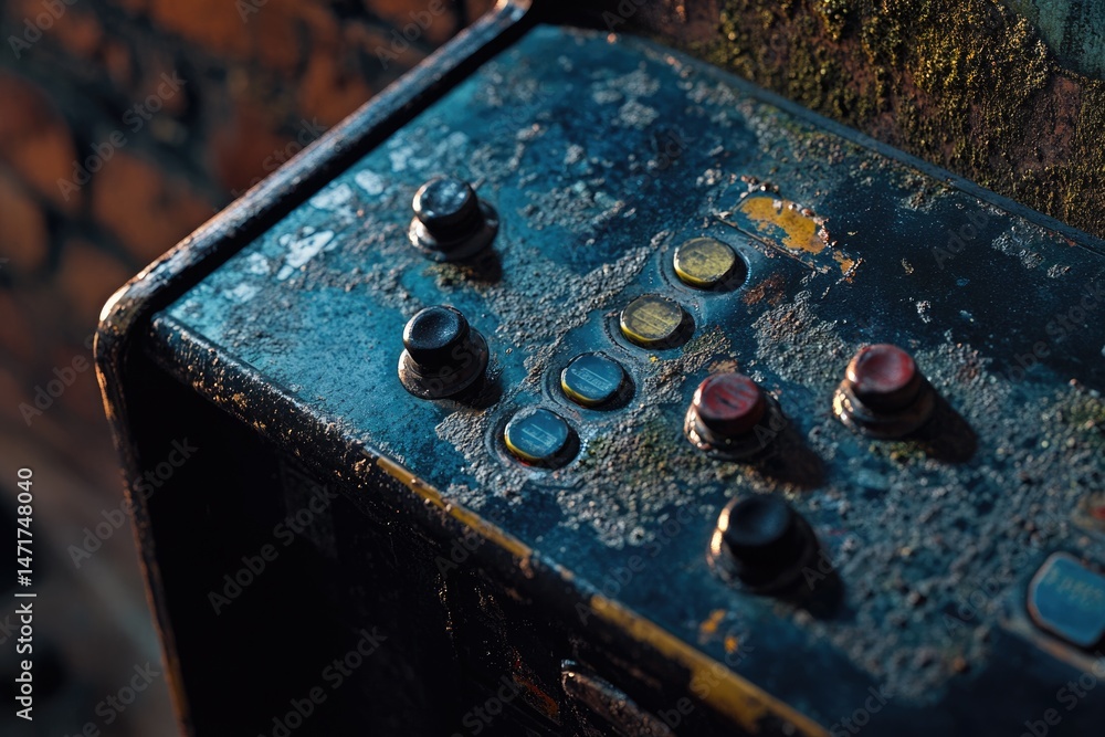 Poster close-up of a heavily weathered and aged vintage control panel with push-buttons and knobs, set agai