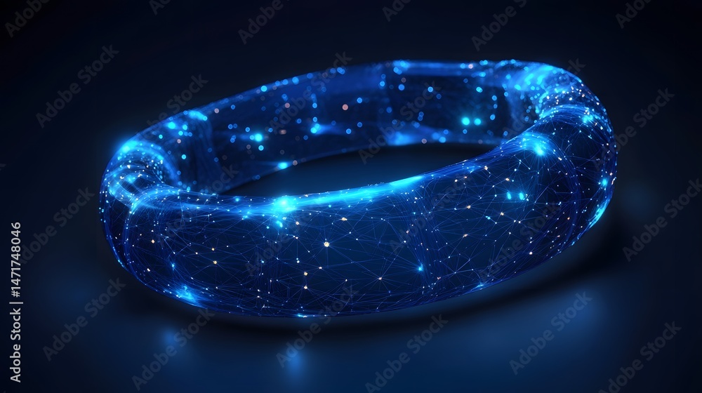 Poster Abstract digital ring with glowing nodes, a mesmerizing circuit-like design. The radiant blue and orange points create a stellar network on a reflective surface. Abstract dark blue wireframe
