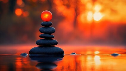 Obraz premium Zen stones balanced on water, sunrise