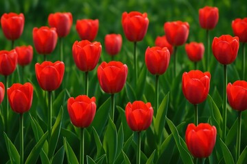 Fototapeta premium Vibrant red tulips in bloom.