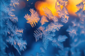 Macro photograph of frost crystals on a window, backlit with a warm orange glow, creating intricate ice patterns.