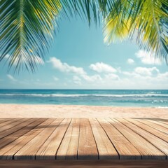 Fototapeta premium Top of the wooden table with a seascape and palm leaves