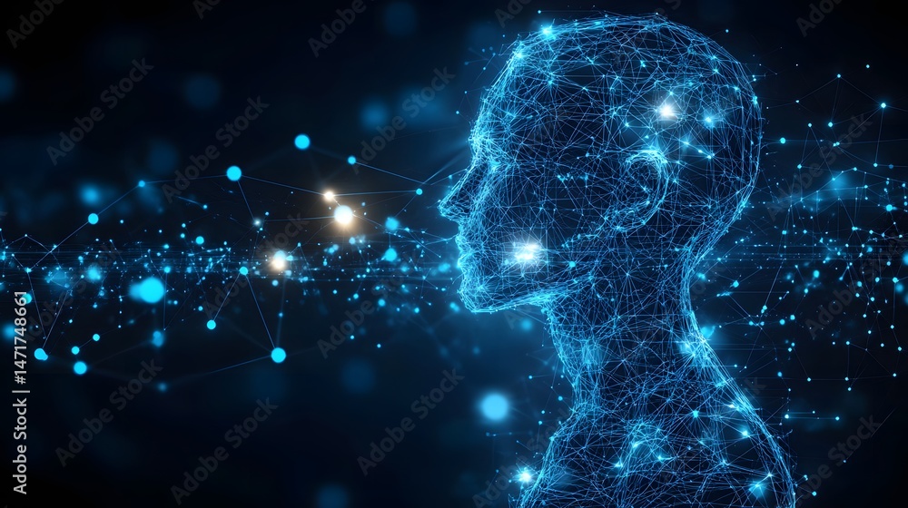 Poster a striking blue wireframe human figure glows against a dark expanse, visualizing digital consciousne