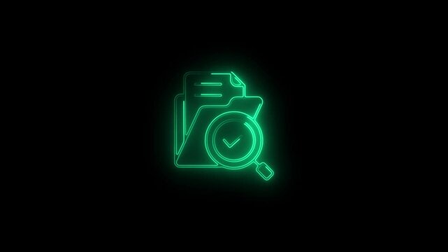 Glowing neon Analysis case study with magnifying glass icon.HD motion graphic video animation with neon effects.isolated on a black background.