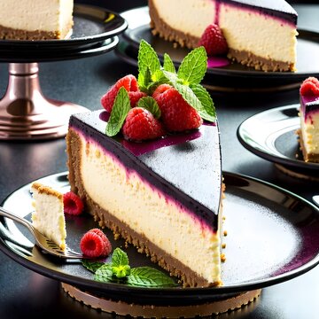 Classic New York Cheesecake with Raspberry Topping: Creamy cheesecake slice with fresh berries, ideal for dessert menus and baking blogs.