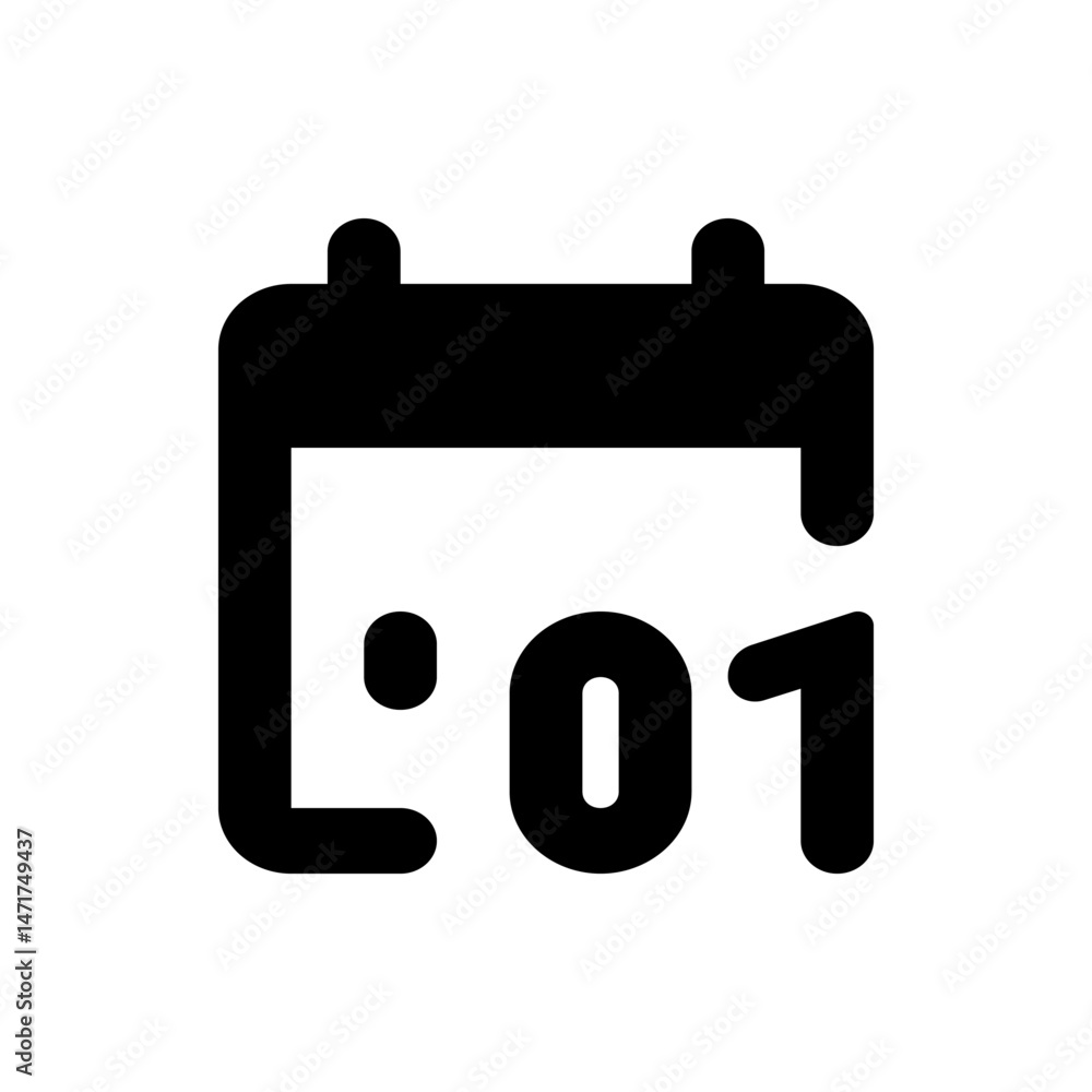 Poster black calendar icon showing the first day of the month with a simple and bold design element used fo
