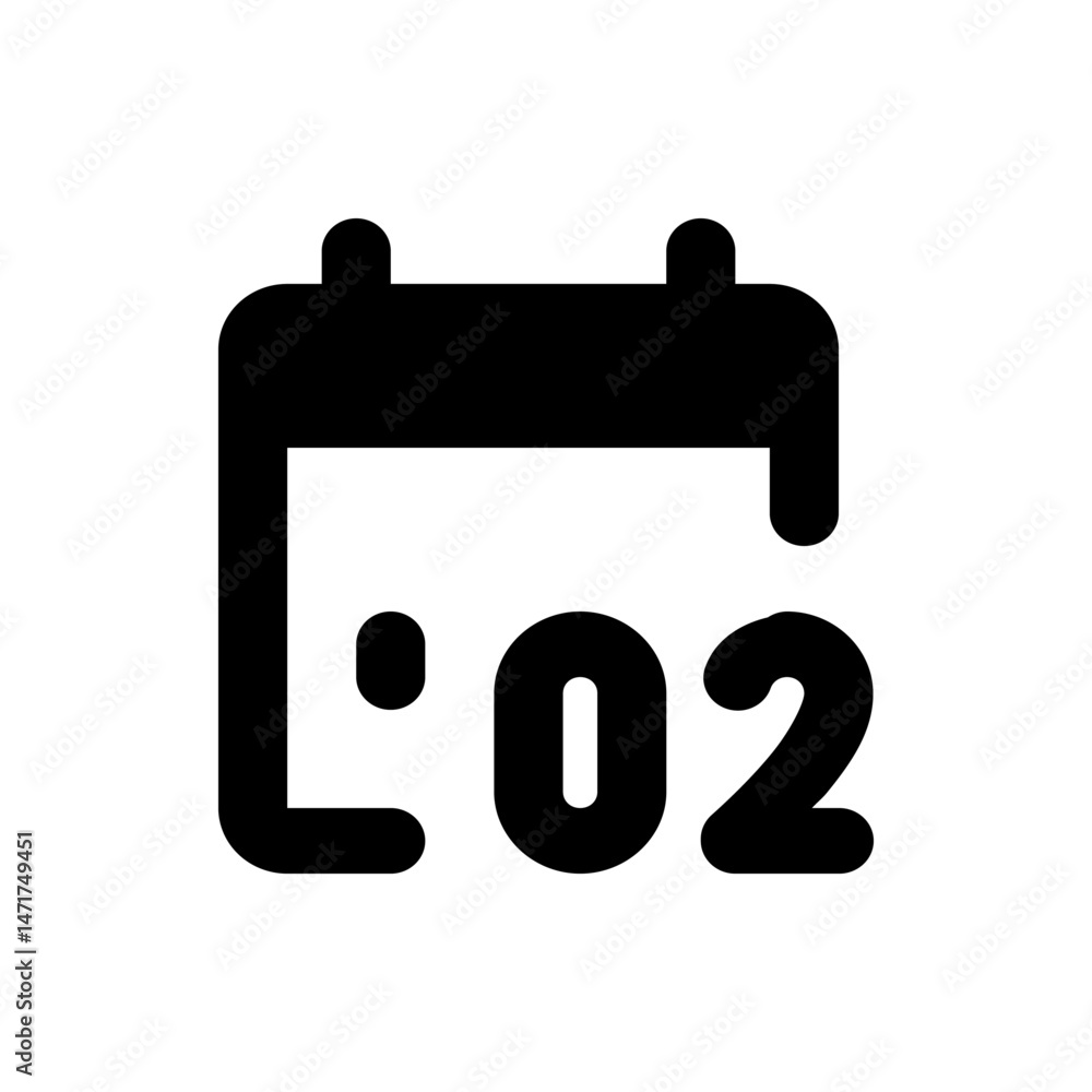 Poster illustration of a calendar icon showing the date as the second day of the month in a simple black de