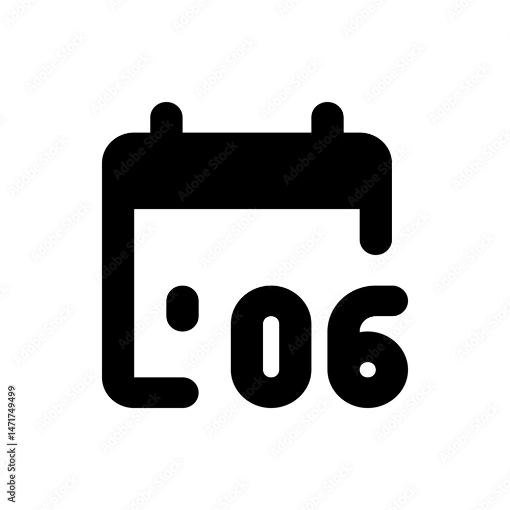 Poster black calendar icon showing the date as the sixth day of the month in a simple and bold style design