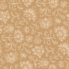 Hand drawn swirl ornamental flowers, paisley pattern, beige and brown colors. Seamless floral pattern-717.