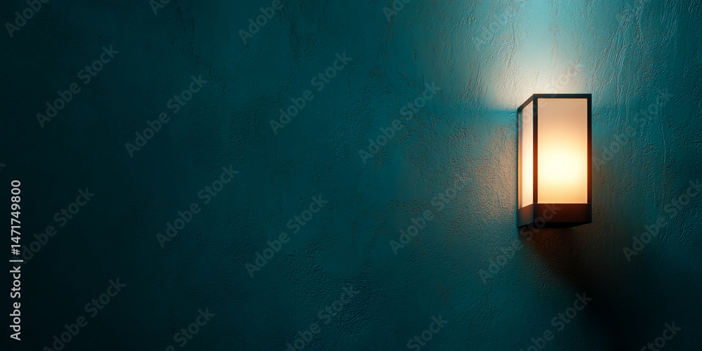 Poster Teal textured wall with illuminated wall lamp, showcasing ample free space ideal for text or logo placement, creating a calm and inviting atmosphere