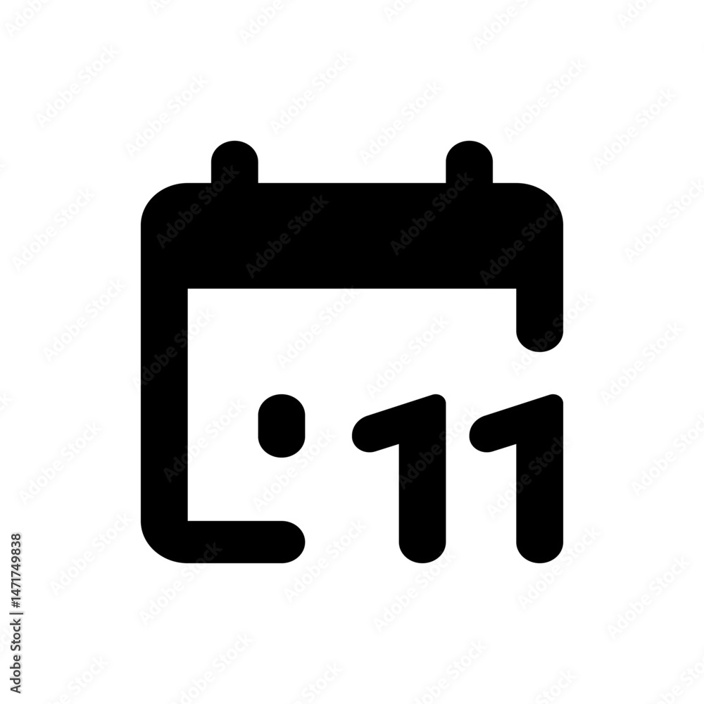 Poster a simple black calendar icon with the number eleven and a dot representing the date on a white backg