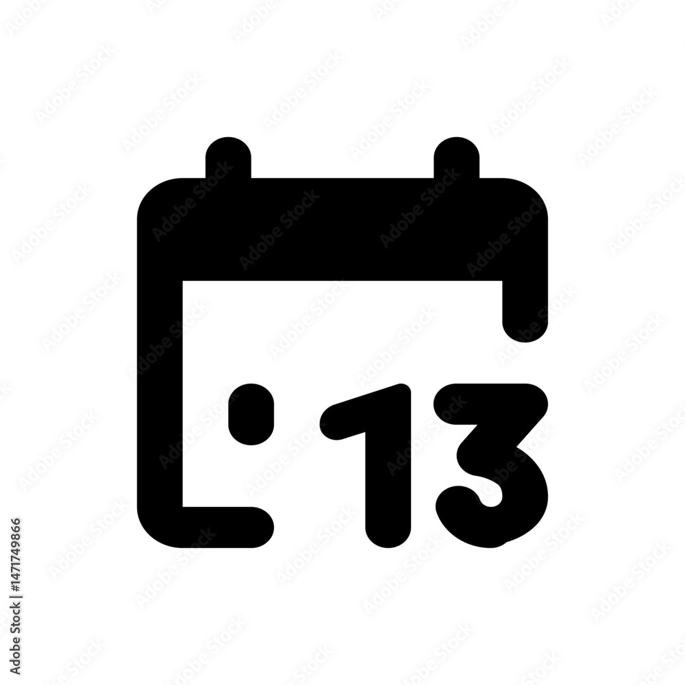 Poster black calendar icon showing the thirteenth day of the month with rounded edges and simple design sty