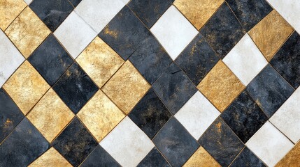 Elegant Checkerboard Pattern of Gold, Black and White Tiles