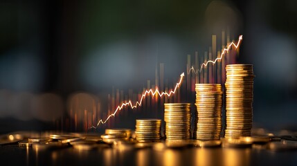 Rising financial stock market chart with upward investment graph and business growth data visualization on digital blue background