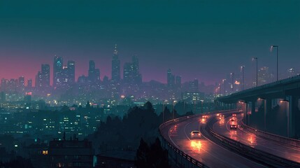 Fototapeta premium City skyline at night with highway traffic and a dark blue sky.