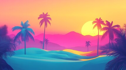 Obraz premium Sunset Palm Trees Desert Landscape.