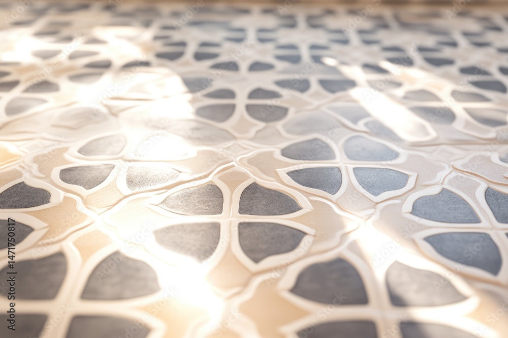 Poster beige and gray tile flooring with a geometric pattern, softly lit, creating depth and a textured sur