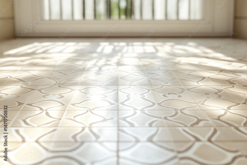 Poster elegant patterned floor tiles are brightly illuminated by sunlight streaming in through a window, cr
